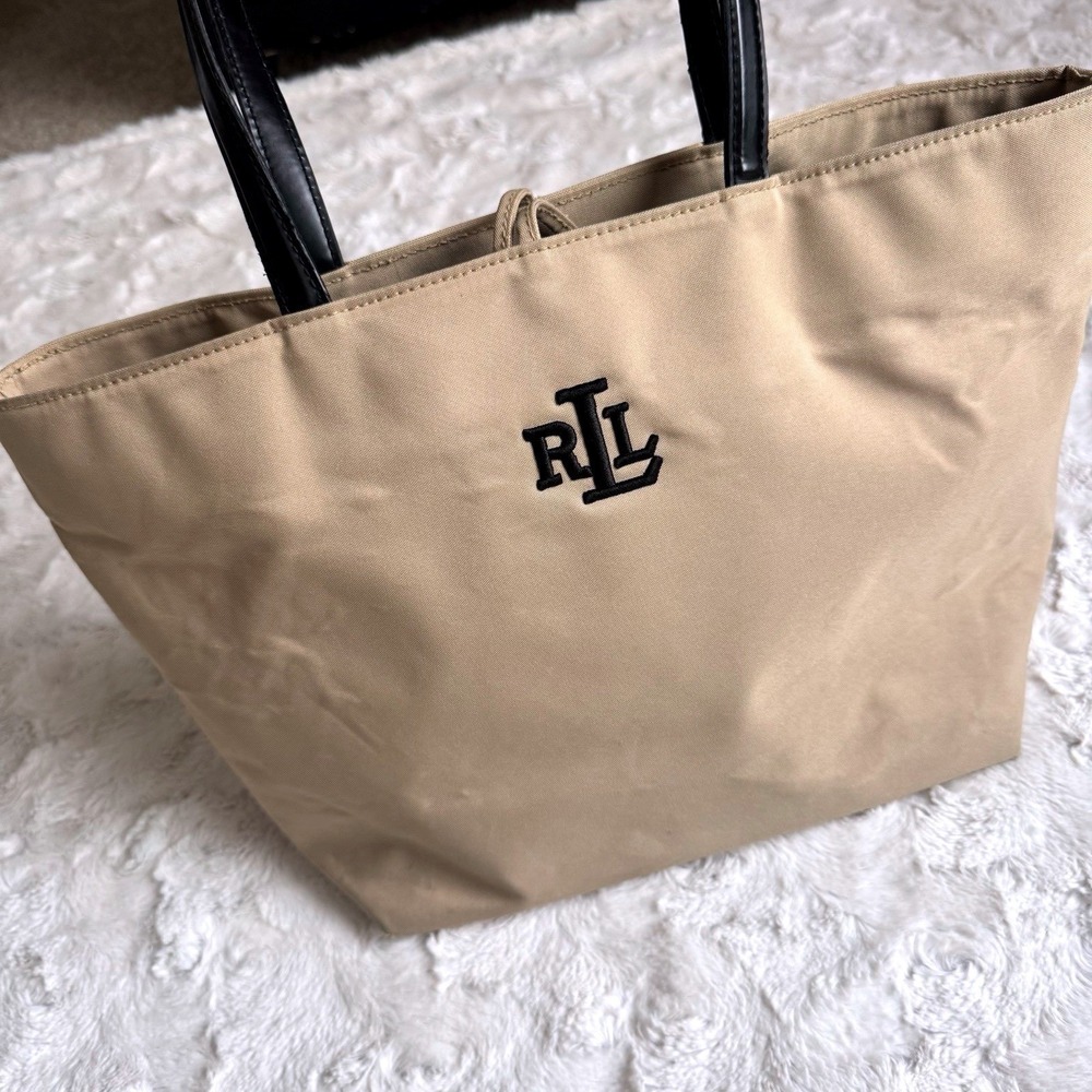 Lauren Ralph Lauren Tan Nylon Tote Bag RLL Embroidered Logo Shoulder Bag Large